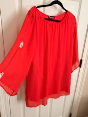 Red Mini Dress with Sheer Bell Sleeves